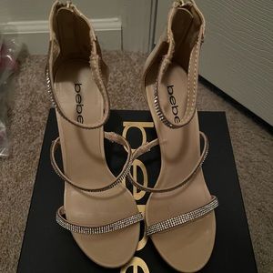 BeBe Open toe heels nude with crystal straps back zipper 3 1/2 inch heel New